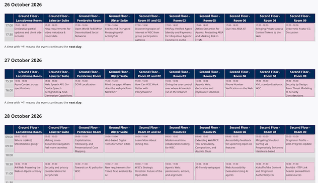 Calendar of W3C TPAC 2026 breakouts showing the schedule of sessions of Monday 26 October, Tuesday 27 October and part of Wednesday 28 October.